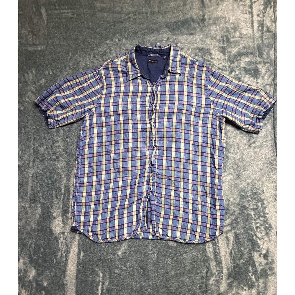 Rochester Mens Blue Plaid 100% Linen Button Down Shirt 1XLT Short Sleeve